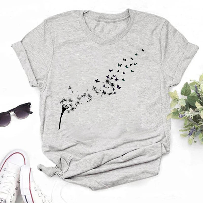 Neue Löwenzahn gedruckt Frauen T-Shirt Cartoon Grafik gedruckt schwarz Damen T-Shirt lässig Frau Shirt lustige T-Shirts