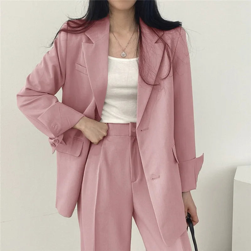 Koreanisches Damenmode-Zweiteiler-Set, Langarm-Blazer und weit geschnittene Hose, Büro, Freizeit, lockerer Schnitt, Frühling, Herbst, neuer Stil