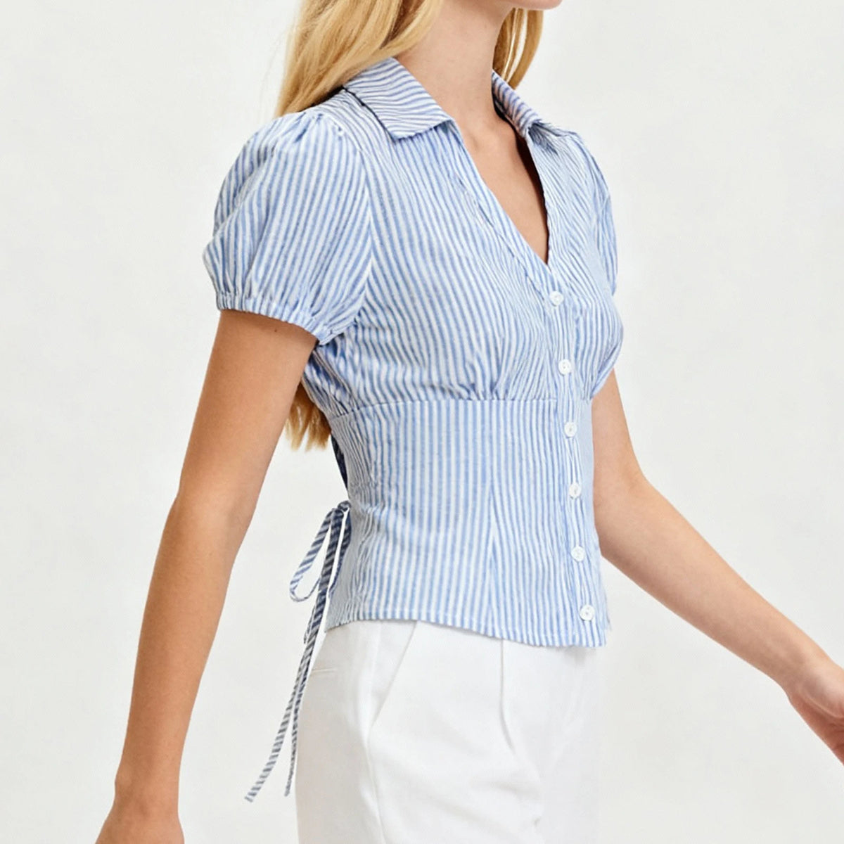 Xingqing y2k Hemden für Damen, Fairy-Grunge-Kleidung, gestreift, Revers, V-Ausschnitt, kurze Ärmel, Button-Down-Bluse, Tops, Sommer, Club, Streetwear