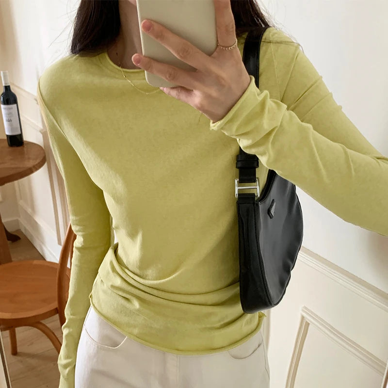 Frühling Herbst T shirt Frauen Tops Solide Langarm Geraffte O Neck T-shirts Weiblichen Koreanischen Casual Streetwear Hohe Qualität Basis Tees