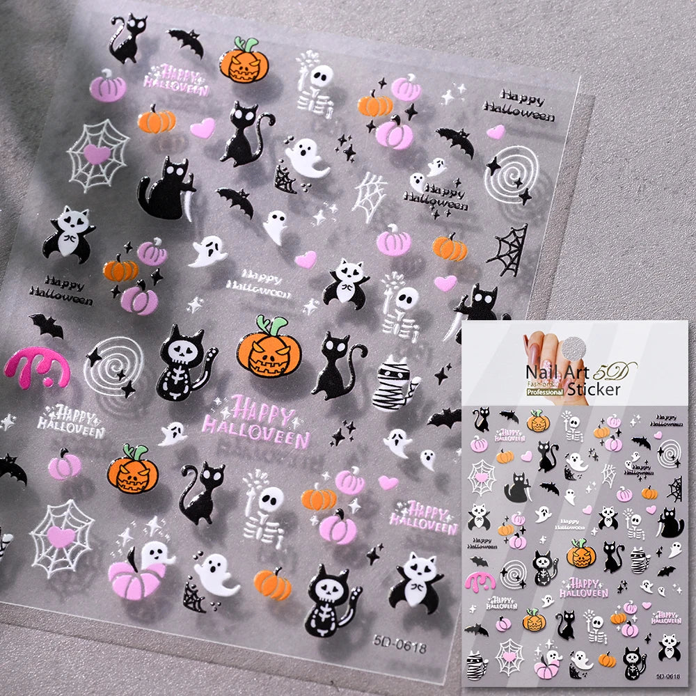 5D Halloween Geist Fledermaus Kürbis Nagel Aufkleber Glänzende Spinne Skelett Vintage Kreuz Nagel Aufkleber Halloween Gruselige Nagel Slider Decora