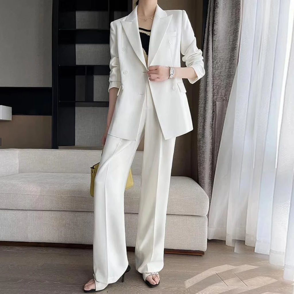 Damenanzug, 2-teilig, weiß, Doppelknopf, mit Revers, einfarbig, für Hochzeit, Bankett, Party, Business, Arbeit, Büro, Set aus Blazer und Hose