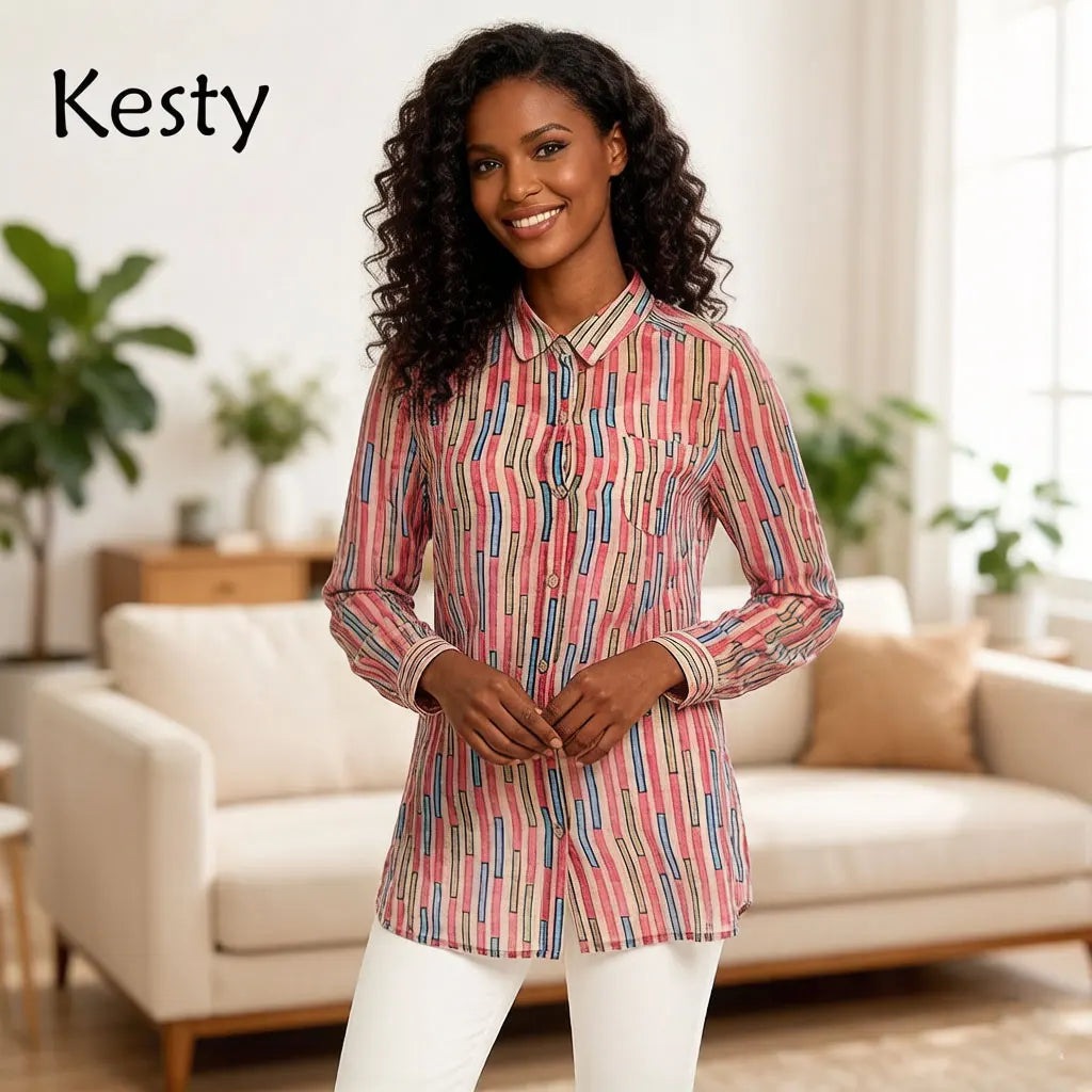 Damen-Hemd mit Streifenmuster, rosa Farbblock, langärmlig, Button-Down-Bluse mit Tasche, lockere Passform, lässig, für das Büro