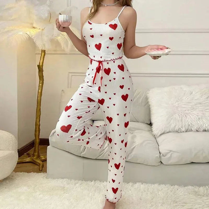 Frauen Nachtwäsche Herbst Winter Pyjamas Sets Herz Druck Ärmellose Cami Weste mit Lange Hosen Hosen Set Sexy Dessous Pyjamas