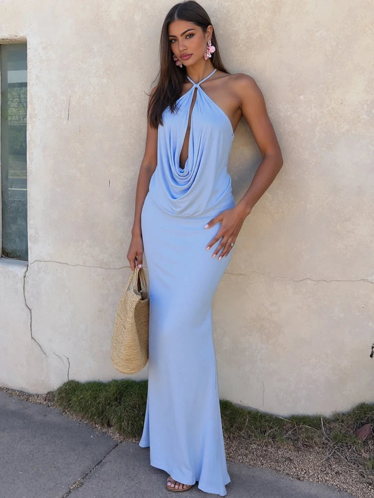 kliou Urlaub Neue Frauen 2-teiliges Set Hipster Solide Swinging Plissee Sexy Backless Tops + Gerade Maxi Röcke Weibliche Einfache outfit