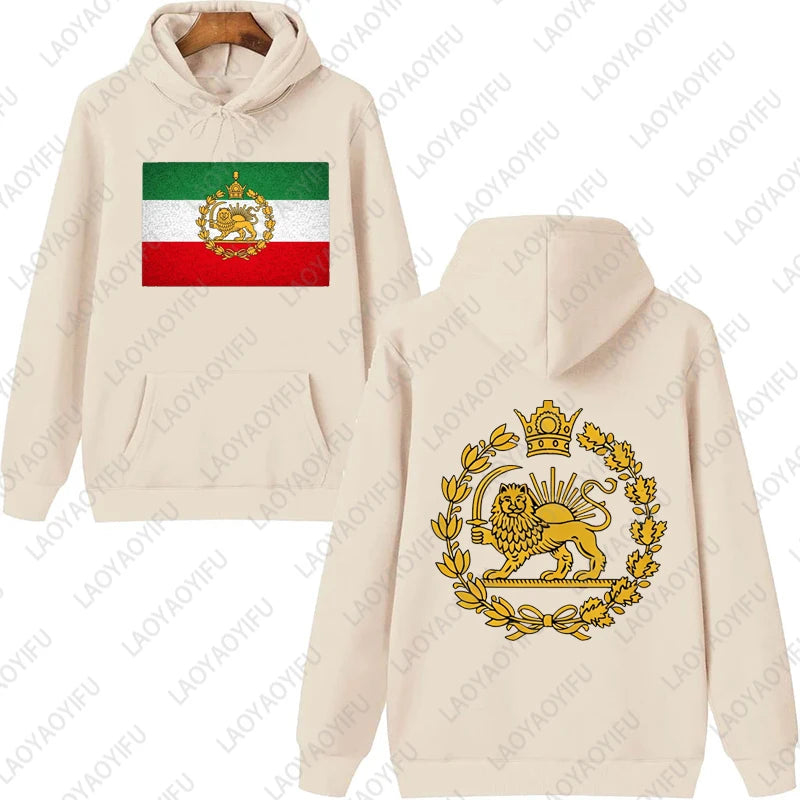 Löwe und Sonne Persischer Kapuzenpullover Iranisches Hoodie-Emblem Grafik Unisex Vorder- und Rückseiten-Druck Trendiger Casual-Stil Sportbekleidung