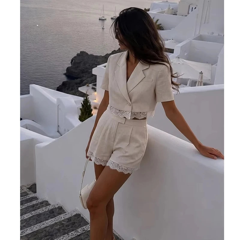 MUJER Spitzen-Damenblazer Anzug Kurzarm Casual Blazer Damen Sommer Crop-Blazer Damen Streetwear Mäntel Sets Damen 2-teilig