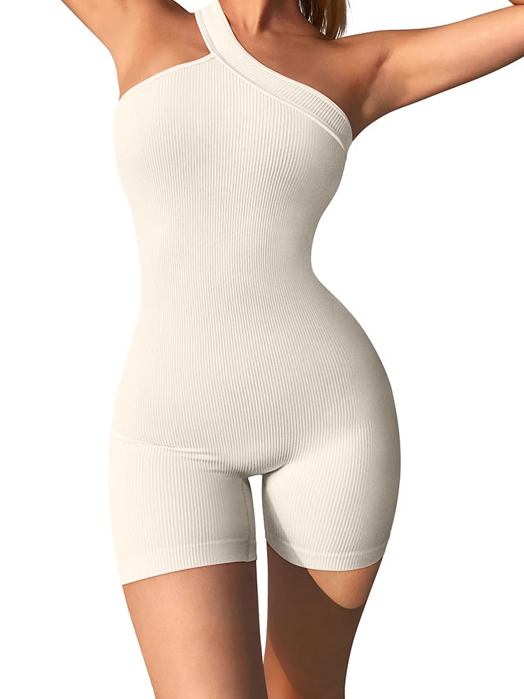 Damen-Yoga-Strampler, einteilig, Bauchkontrolle, nahtlos, gerippt, Overall, eine Schulter, einteilig, modisch, Fitness, Sportbekleidung