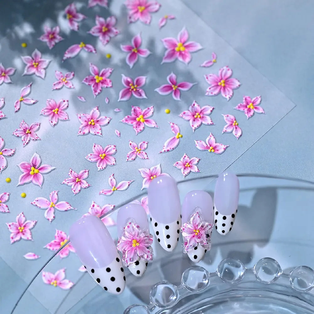 5D Relief Ombre Rosa Fünfblättrige Nagelkunst-Aufkleber Niedliche Weiche Lilien-Blumen Nagelsticker 8*10cm Selbstklebende Rosa Blumen-Nagelsliders