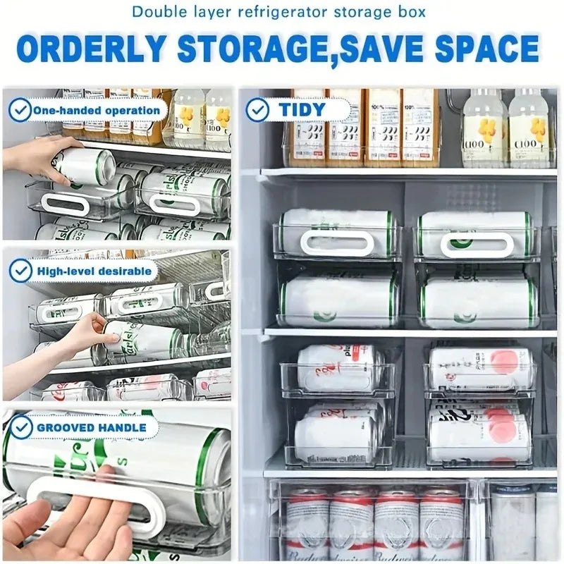 1/2-stufiger Soda-Dosenspender für den Kühlschrank, stapelbarer Getränke-Organizer für den Kühlschrank, durchsichtige Kunststoff-Kühlschrank-Organizer-Behälter