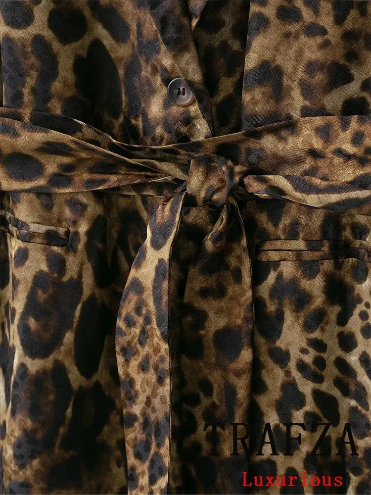 KONDALA Vintage Leopardenmuster Damenanzüge V-Ausschnitt Schärpen Langarm Übergroßer Blazer + Hose mit weitem Bein Mode 2025, Herbstanzüge