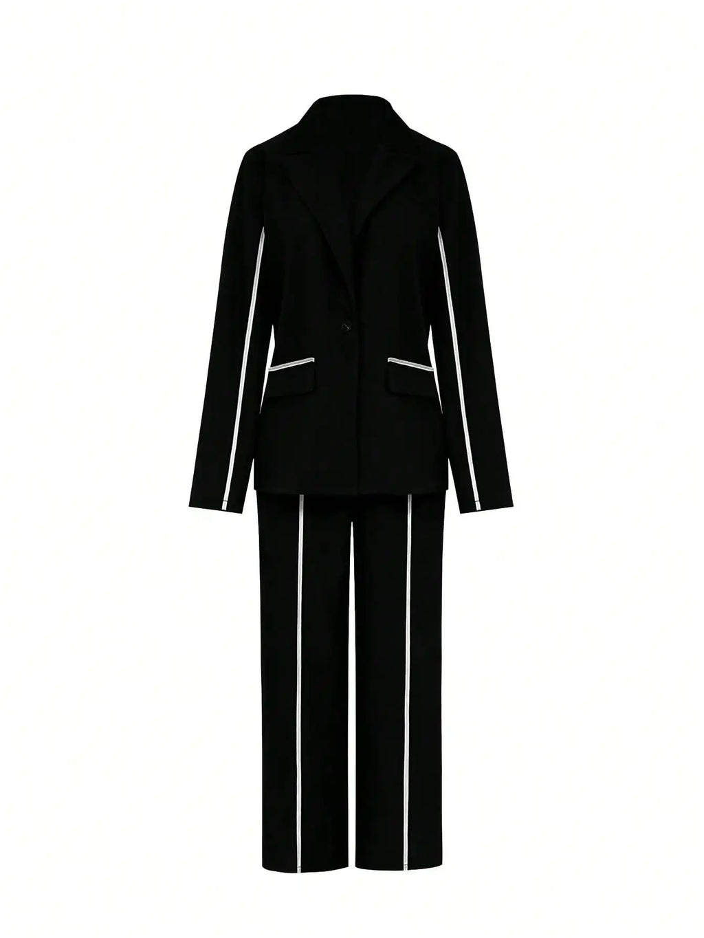 Zweiteiliges Damen-Blazer-Set mit langen Ärmeln und gestreiftem Bandbesatz – Farbblock-Trainingsanzug mit Hose für den Herbst