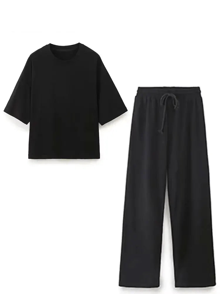 HH 2024 sommer Weibliche Feste Gemütliche Hosen Anzug Kurzen Ärmeln O Neck T-Shirt + Kordelzug Jogging Gerade Hosen Kausalen Straße set
