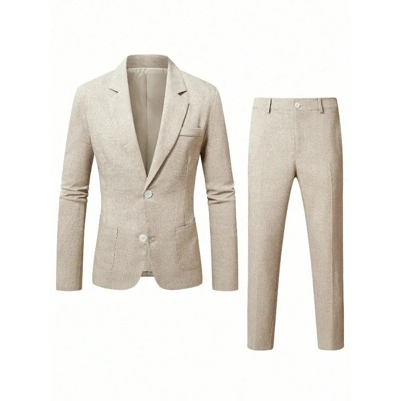 KIDWHXR Herren 2-teiliges Hochzeits-Set Koreanischer Einfarbiger Einreihiger Blazer mit Taschen Gerade Geschnittene Hose Schlanker Casual Anzug Outfit