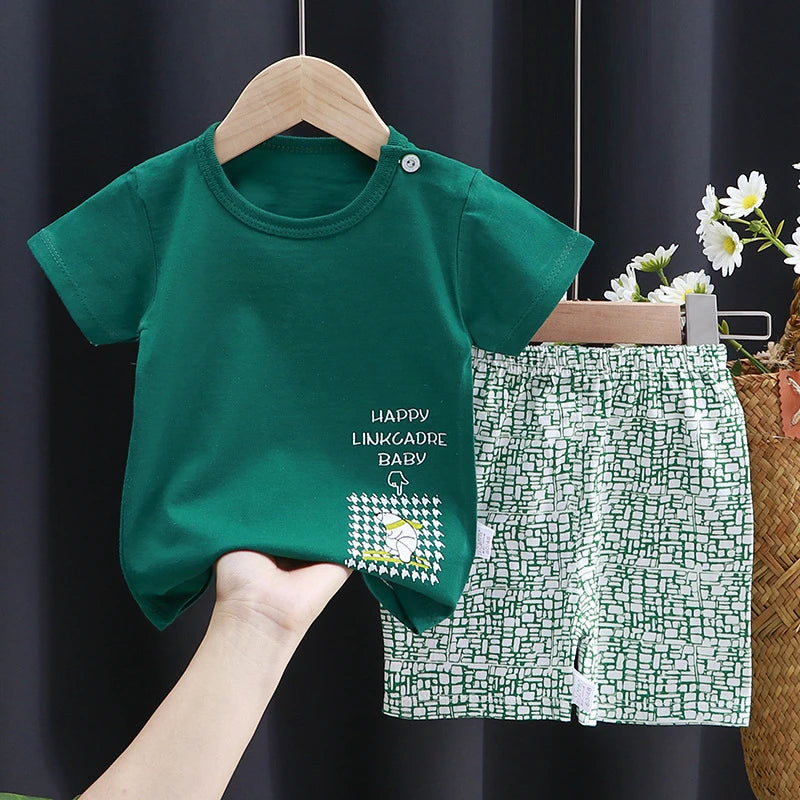 Sommer-Baumwollkleidungsset für Kleinkinder, Cartoon-Dinosaurier-Aufdruck, gestreiftes T-Shirt + Shorts, 2-teilig, Freizeitoutfits für Jungen und Mädchen im Alter von 0 bis 5 Jahren