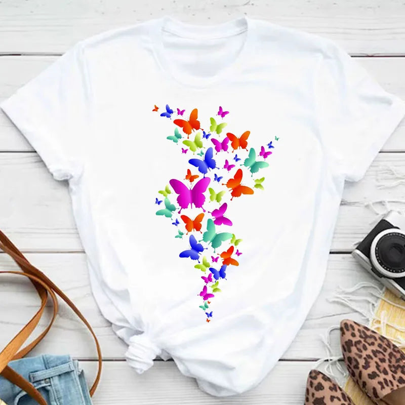 Neue blaue Schmetterling Blumen gedruckt T-Shirt Frauen Sommer lässig Kurzarm O-Ausschnitt Tops 90er Jahre Mode Grafik weibliche Tops T-Shirts