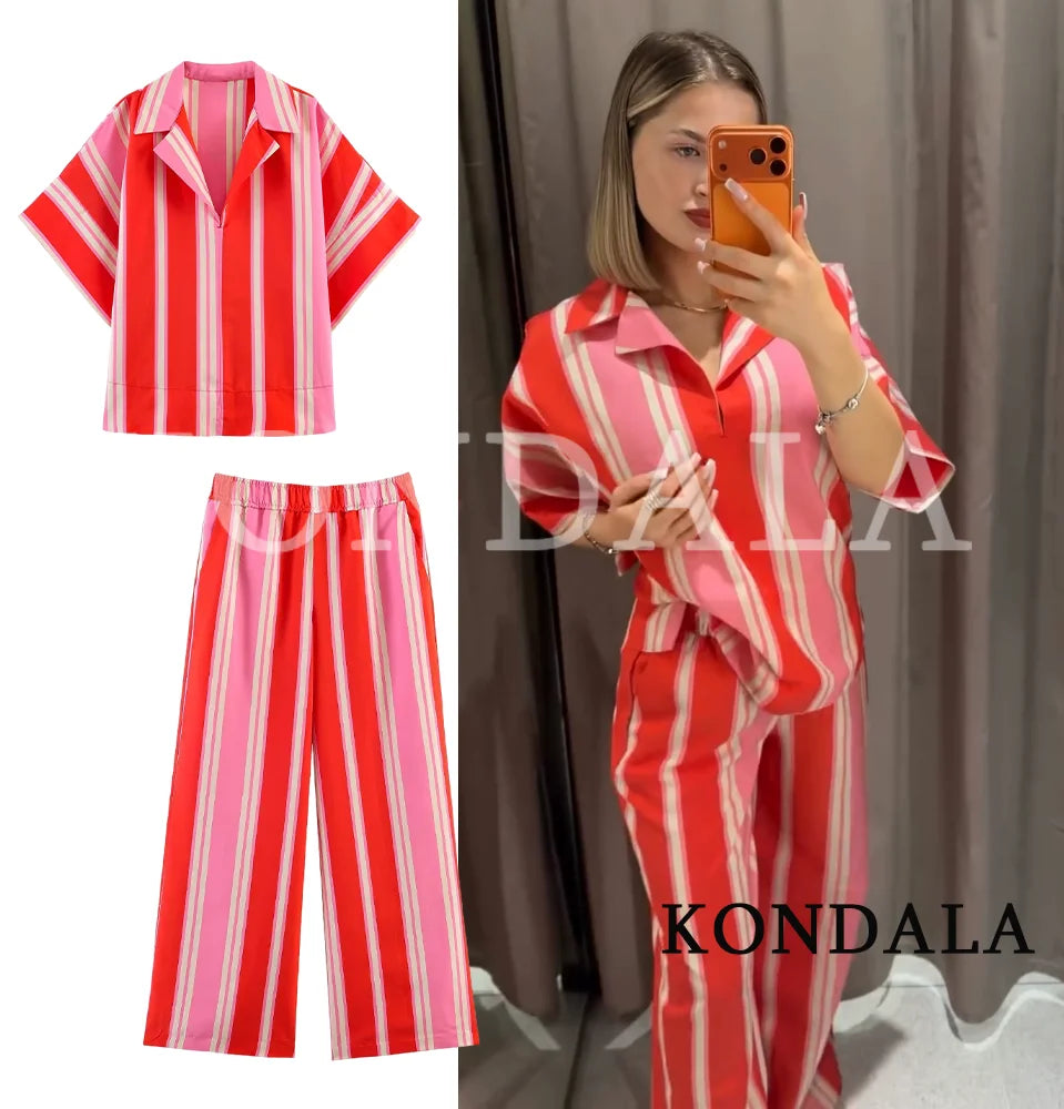 KONDALA Damen Casual Urlaubs-Set mit Gestreiftem Kurzarm-Oberteil und Eleganter Langer Hose 2026 Sommer Schickes V-Ausschnitt-Top, Hose mit Elastischem Bund