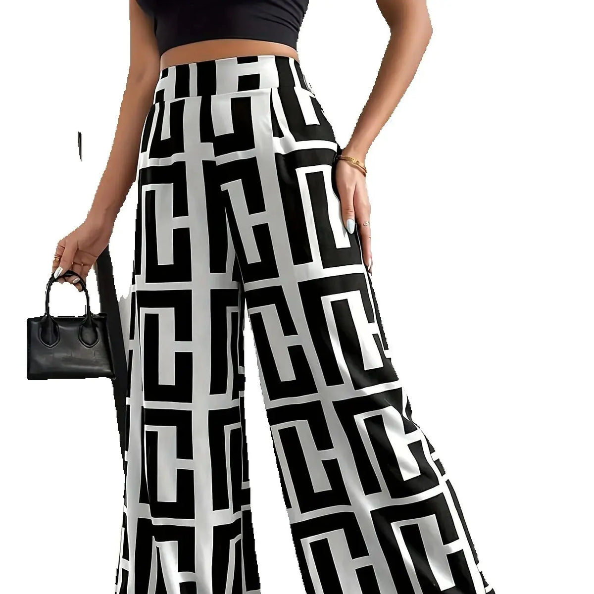 2026 Lässige Elegante Bohemian-Style Hose - Weites Bein, Elastischer Bund, Zweifarbig Kariert Bedruckt, Lockere Hose mit Weitem Bein