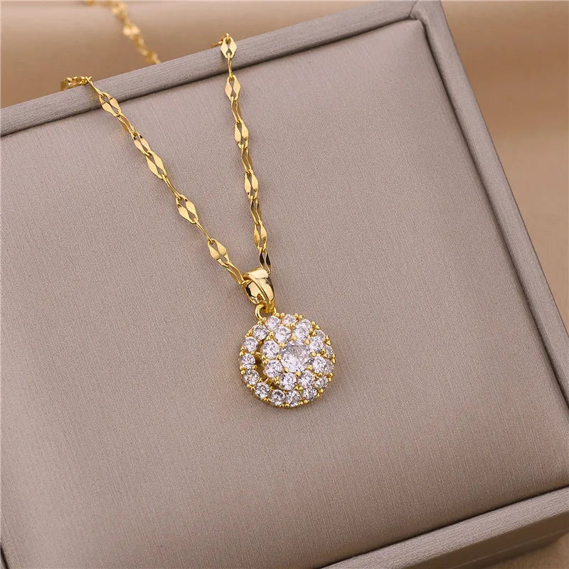 Neue Trendy Zirkon Kristall Anhänger Edelstahl Halskette Für Frauen Koreanische Mode Weibliche Sexy Schlüsselbein Kette Schmuck Großhandel