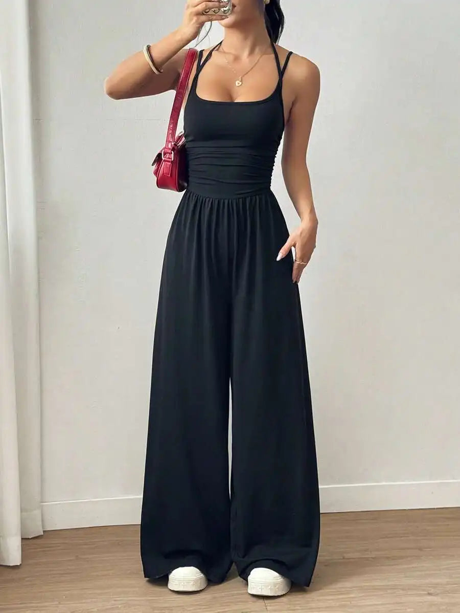 Damen Sommer Schwarzer Lässiger Jumpsuit mit Verstellbarem Neckholder-Ausschnitt, Plissiert, Locker Geschnitten, Gerades Bein, Casual-Outfit für Frauen