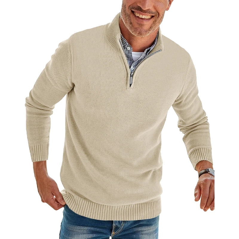 Herren-Pullover mit Viertelreißverschluss, langärmelig, schmale Passform, Stehkragen, lässiger Strick-Polo-Pullover, warmer Rollkragenpullover für den Winter