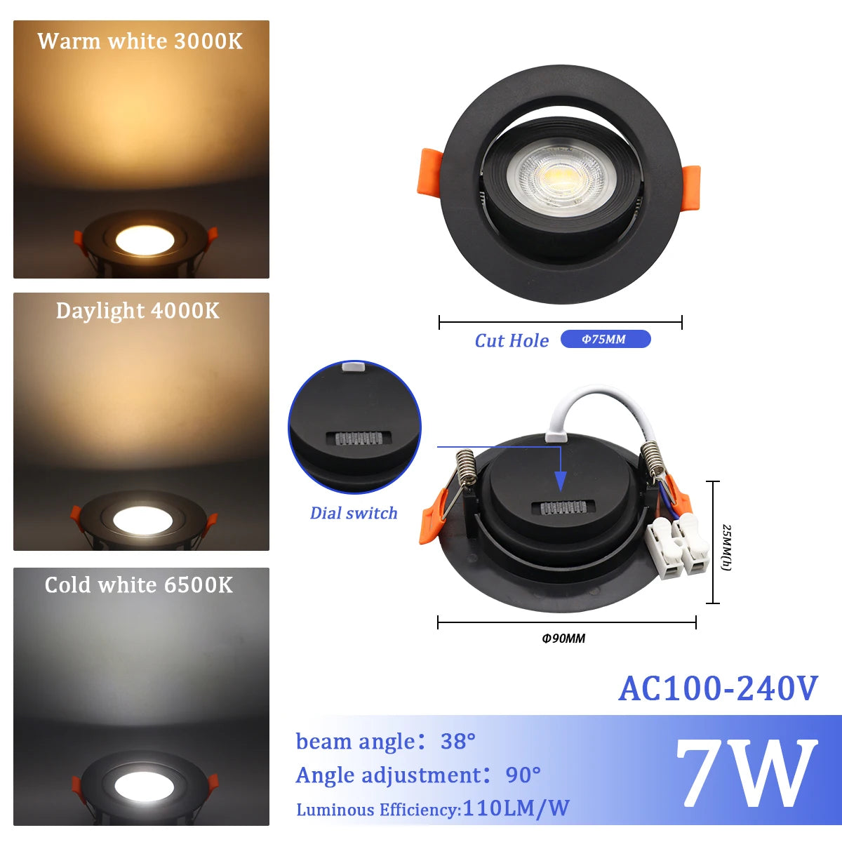 1-10 Stück 7W 3 CCT LED Farbwechsel 3000K 4000K 6000K LED-Deckenstrahler Einbauleuchte AC 110V 220V Einstellbar 90° °   Beleuchtungsspot