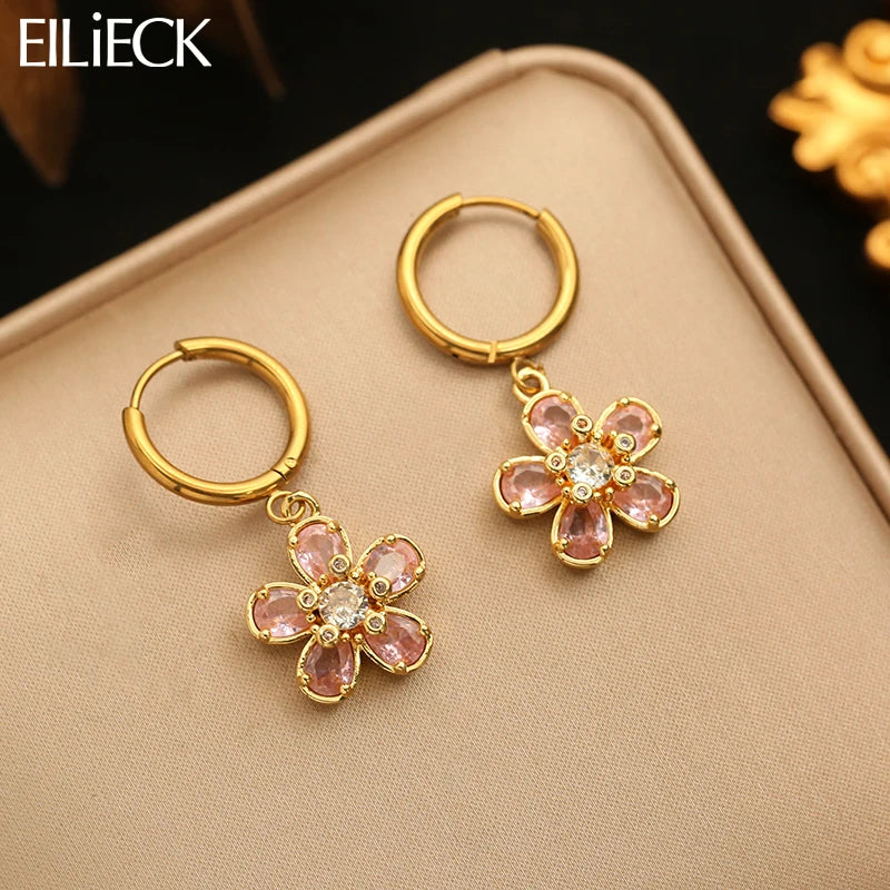 EILIECK Trendige Damen-Ohrringe mit Blumenmuster und rosa Zirkonia, Edelstahl, wasserabweisend, für den Alltag, Schmuck, Geschenk für Damen