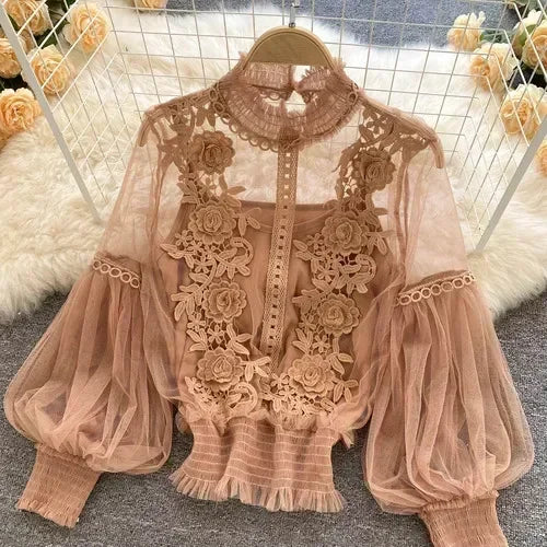 Spitze Puff Langarm Bluse Vintage-Mode Blusen Elegante Femme Blusas Koreanische Frau Tops Frauen Shirts Kleidung Dropshipping