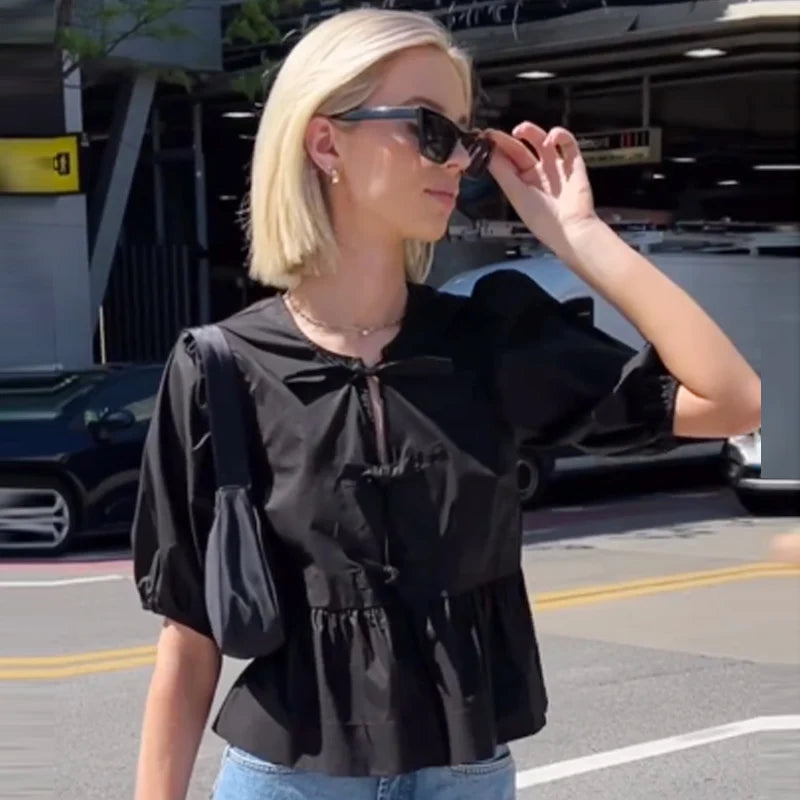 HXAO Crop Bow Bluse Damen-Hemd, Herbst 2022, lockeres schwarz-weißes Leoparden-Hemd, modische Ausschnitte, Schnür-Puff-Kurzarmhemden
