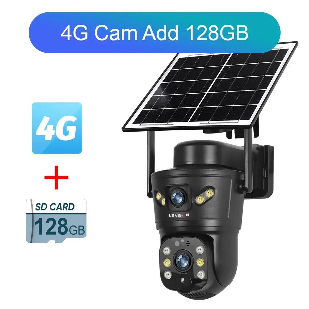 LS VISION 4K 8MP Dual Screens Solar-Überwachungskamera für den Außenbereich, 4G/WiFi Dual Lens PTZ Human Auto Tracking CCTV-Kameras V380 Pro App