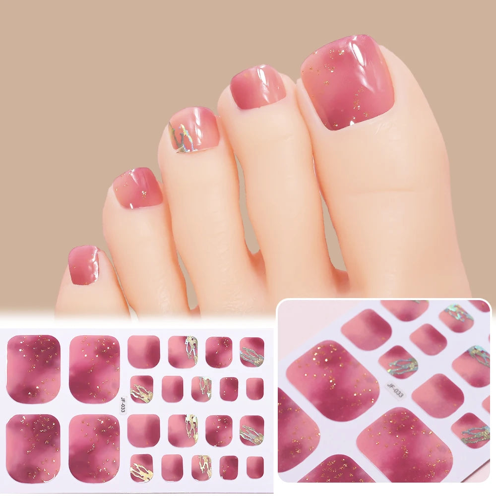 22 Tipps goldene Glitzer-Nagelaufkleber für Füße, 5 Farben, 11 Größen, vollständige Abdeckung, Fußkunst-Aufkleber, einfach zu erreichen, Zehen-Maniküre-Dekoration