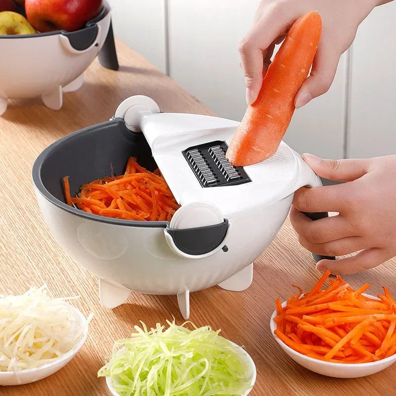 Multifunktionaler 2-in-1-Gemüseschneider, Zerkleinerer, Obstsieb, Korb, Spiralschneider, Reibe, Lebensmittelschäler, Mandoline-Schredder