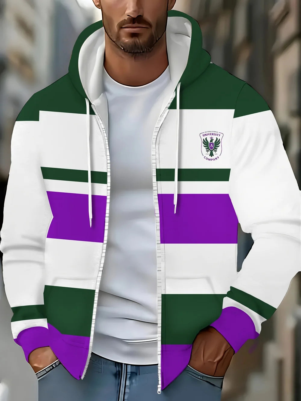 Lässiges, gestreiftes Herren-Sweatshirt mit Kapuze und durchgehendem Reißverschluss, Outdoor-Kleidung, glatte Kapuzentaschen mit Kordelzug, einfache gestreifte Sportbekleidung für Herren