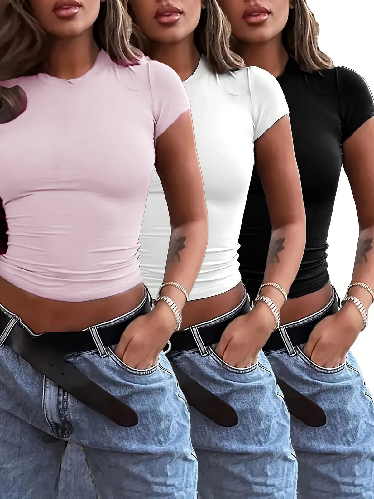 3 Stück Damen Slim Fit Kurzarm T-Shirts Elegant Rundhalsausschnitt Casual T-Shirt Damen Y2k Vintage Basic Tees 2025 Damenbekleidung