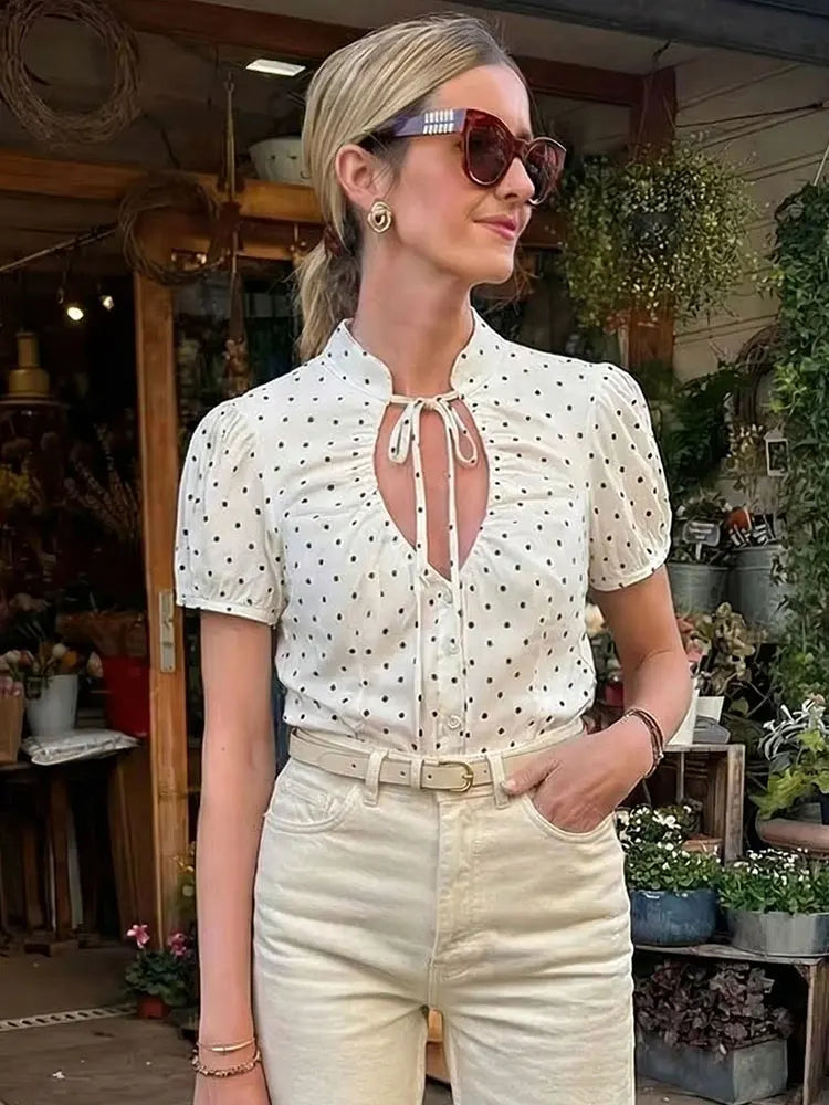 HH Damen Elegante Bluse mit Schleife und Schnürung Kurze Puffärmel Knopfleiste Sommer-Freizeithemd Gepunktetes Schickes Oberteil