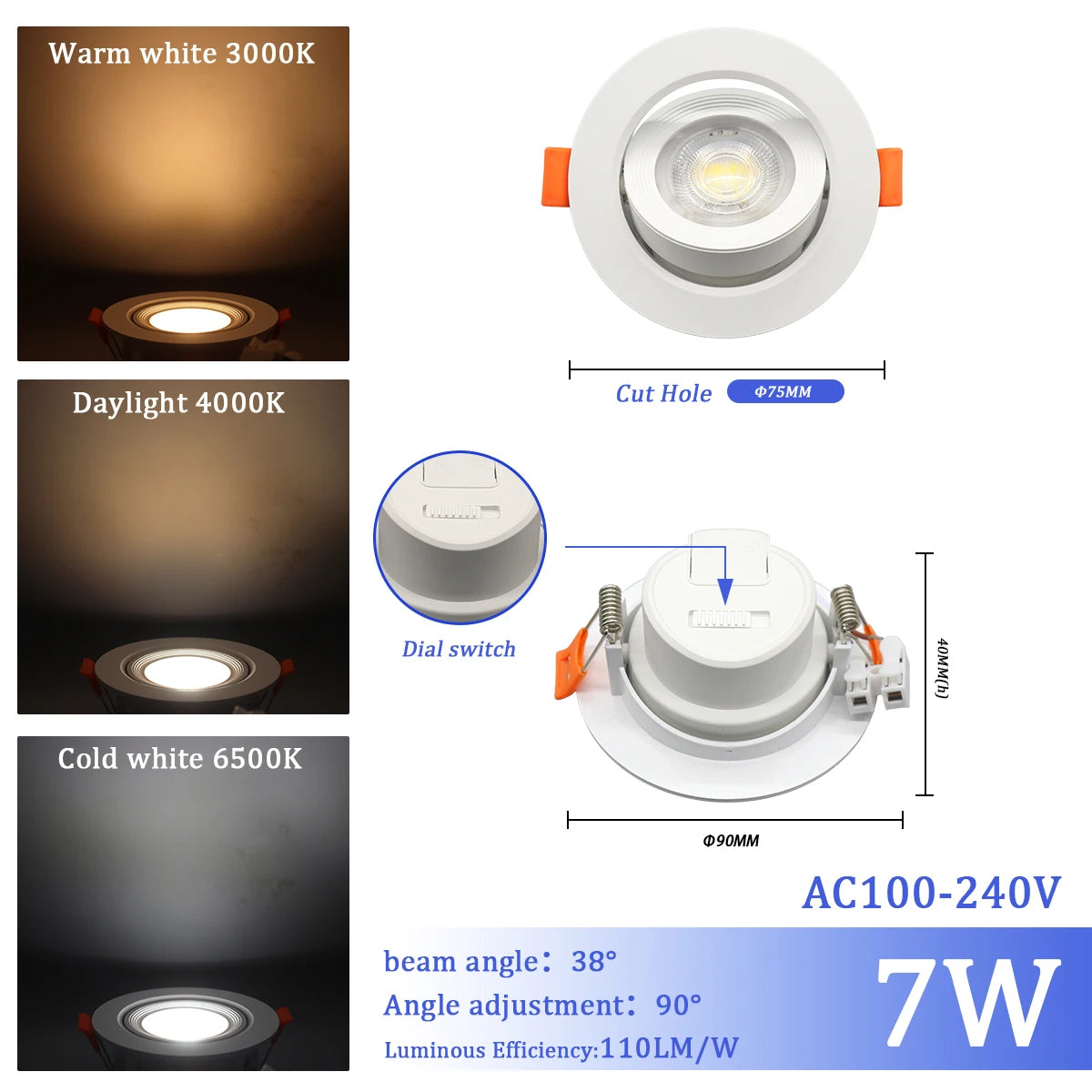 1-10 Stück 7W 3 CCT LED Farbwechsel 3000K 4000K 6000K LED-Deckenstrahler Einbauleuchte AC 110V 220V Einstellbar 90° °   Beleuchtungsspot