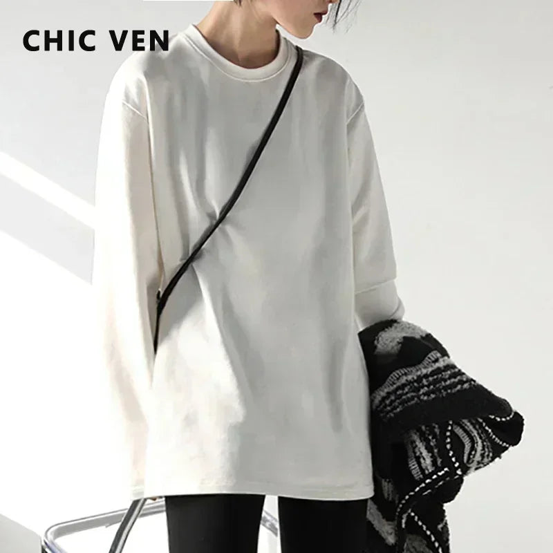 CHIC VEN Frühling Herbst frauen Einfarbig Lose Lange Hülse T-shirt Oansatz Grundlegende Top Mit Flachem Boden Hemd Casual T-shirt Frau Weibliche