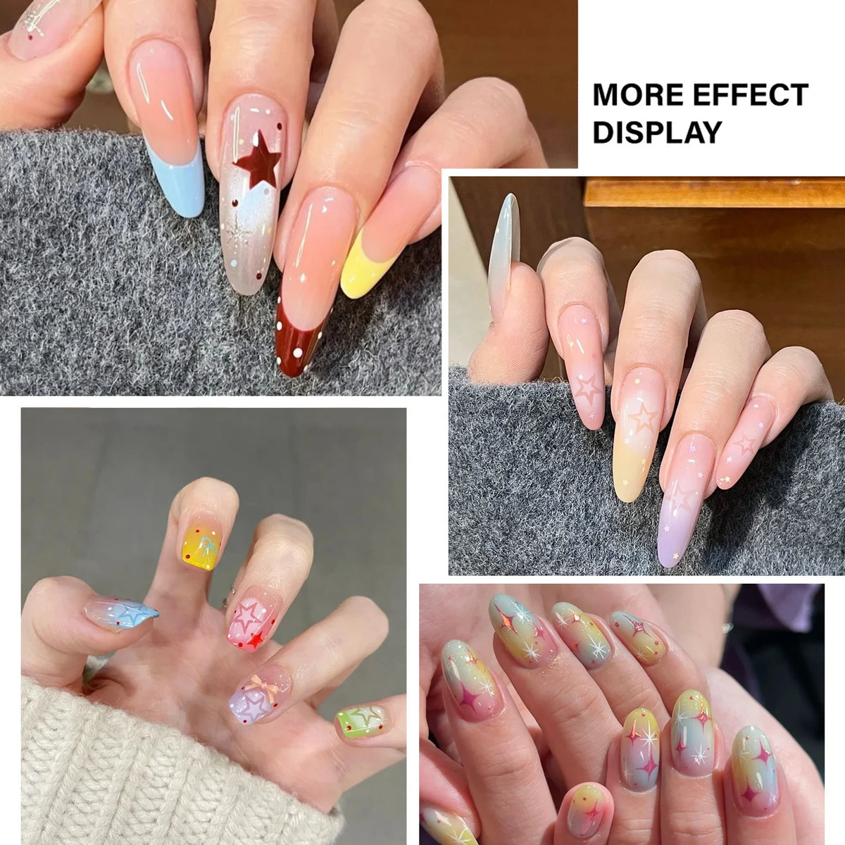 1 Stück französische hohle Nagelaufkleber, Kawaii-Design mit fünfzackigen Sternen, Liebesherzen und Sternen-Spikes, transparente, sprühlackierte Nagelaufkleber