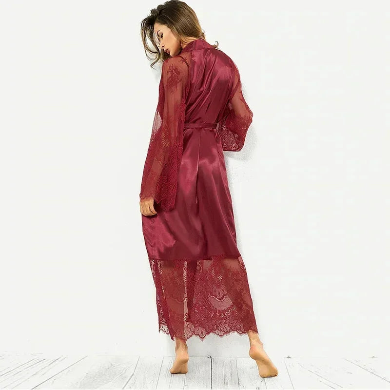 Nachtwäsche Damen Bademantel Sexy Dessous Spitze Satin Kimono Schlaf Langes Kleid Roben Pyjamas Nachthemd