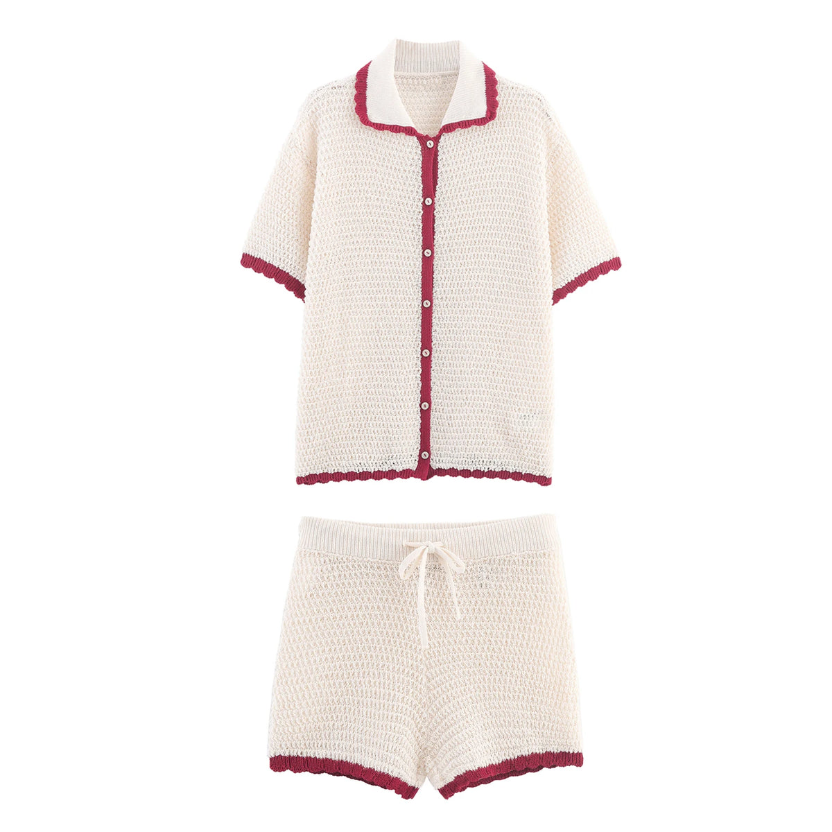 KONDALA Lady Casual Crochet Hollow Shorts Set Kurzarm-Hemden mit Knöpfen, Shorts mit Kordelzug 2025, Sommerferien, Damen-Strickset