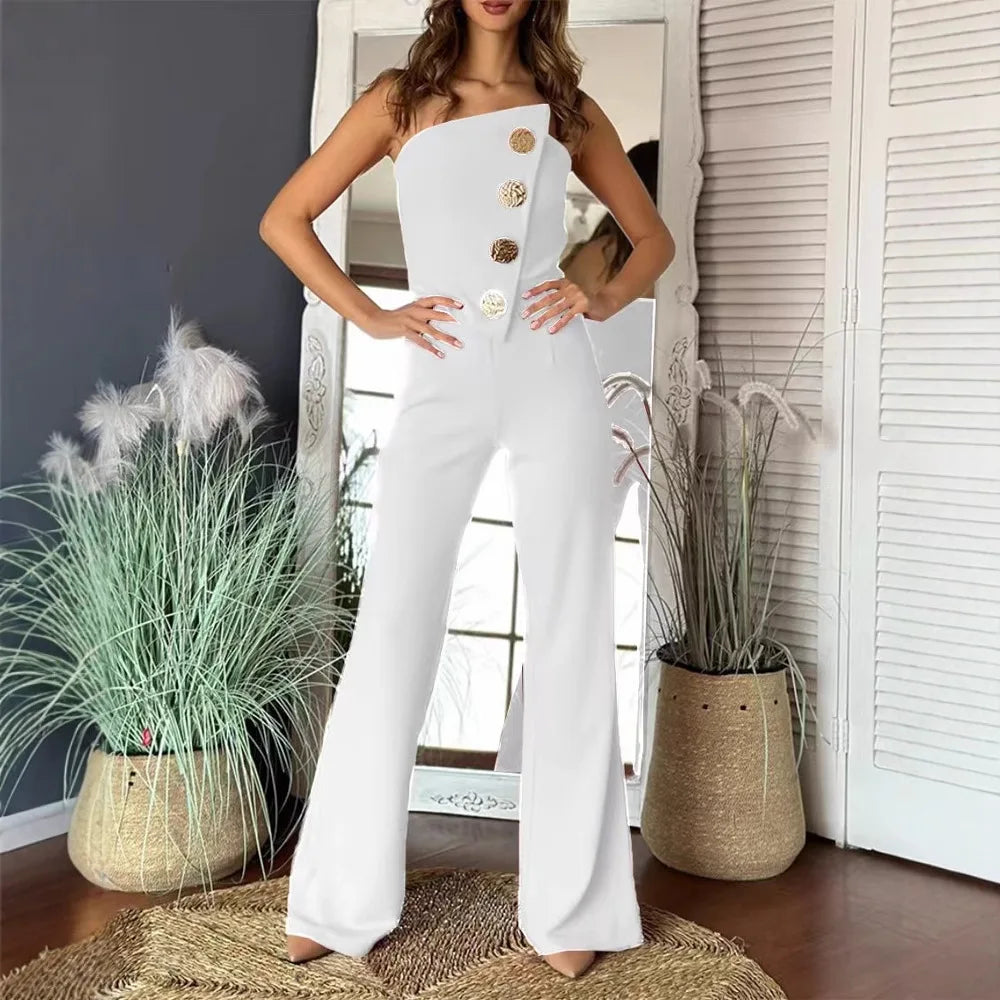 Damen Schulterfreier Asymmetrischer Jumpsuit mit Metallknöpfen und Weitem Bein Elegantes Party-Einteiler-Outfit