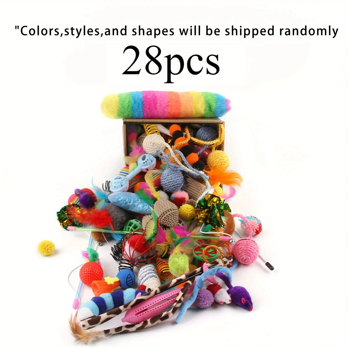 56 Stück/28 Stück/14 Stück Katzenspielzeug, gemischte Packung. Eine Kombination aus verschiedenen Plastikspielzeugen und Plüschtieren, die für mehrere Katzen zum Spielen geeignet sind