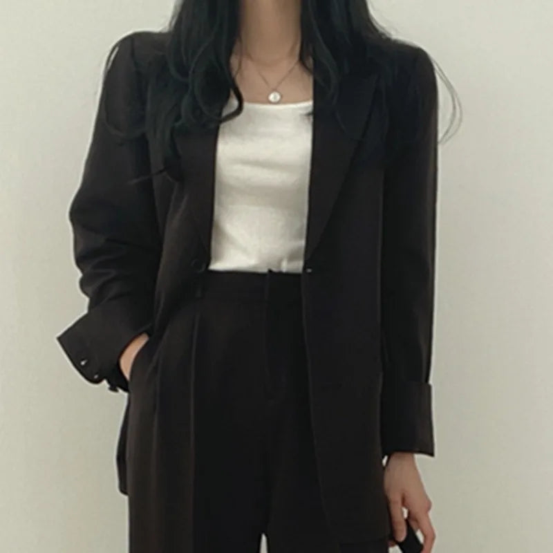 Koreanisches Damenmode-Zweiteiler-Set, Langarm-Blazer und weit geschnittene Hose, Büro, Freizeit, lockerer Schnitt, Frühling, Herbst, neuer Stil