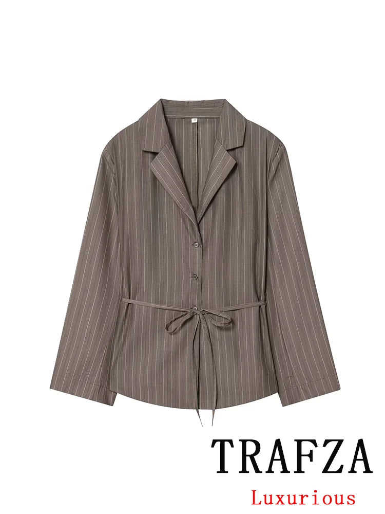KONDALA Bürodame, schicke braune Anzüge, V-Ausschnitt, gestreift, lockerer Blazer, hohe Taille, weites Bein, Hosen, Mode, 2025, Herbst, lässige Damenanzüge