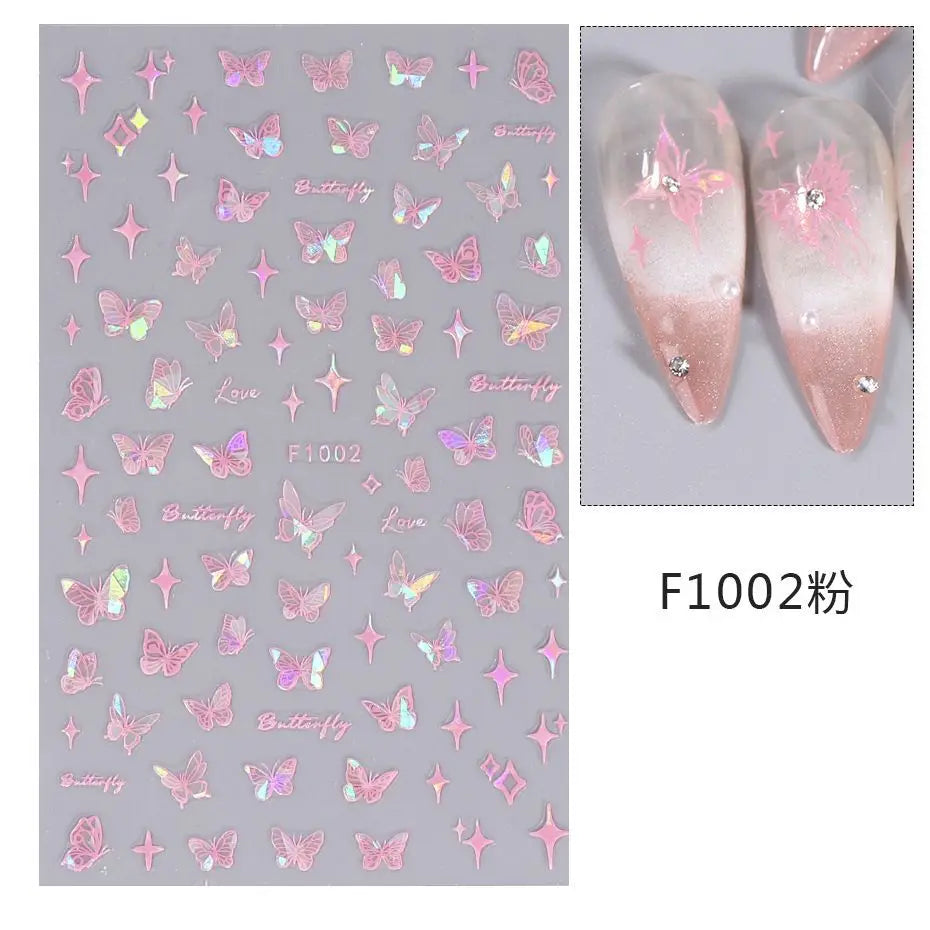 1PCS Schwarz Weiß Schmetterling Laser Nagel Aufkleber Y2K Nail art Dekoration Abstrakte Linien Bronzing Blumen Aufkleber Für Nägel