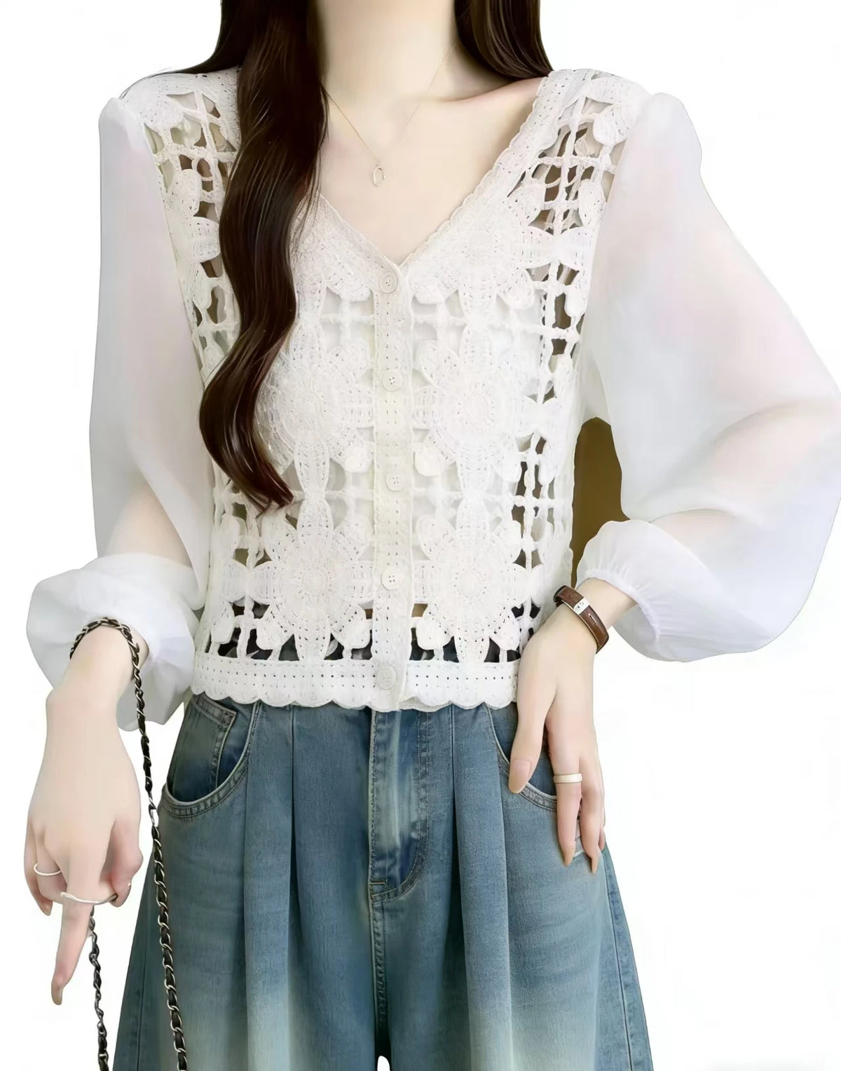 2026 Sommer Langarm Vintage National Trend Damenbekleidung Ausgehöhlte Spitze Patchwork Chiffon Hemden Damen Blusen Großhandel