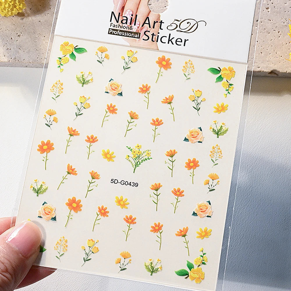 5D süße weiße Gänseblümchen Nagelaufkleber Kawaii Blume grünes Blatt Gänseblümchen japanische Nail Art Dekorationen Abziehbilder DIY Maniküre Zubehör # 9