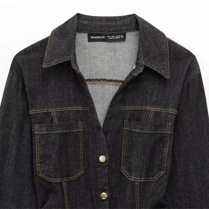 HXAO Neue Jeans-Hosen-Sets, enges Button-Up-Jeanshemd für Damen, 2-teiliges Set, Street-Style, ausgestellte Hose, zweiteiliges Set für Damen