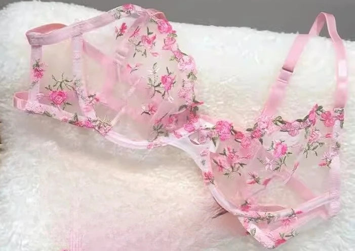 Französisches Blumen-BH-Set für Damen |   Süßes sexy transparentes Mesh-Spitze-Set, transparentes Unterwäsche-Set |   Praktisches und feminines MOYISU Sexy Höschen-Set