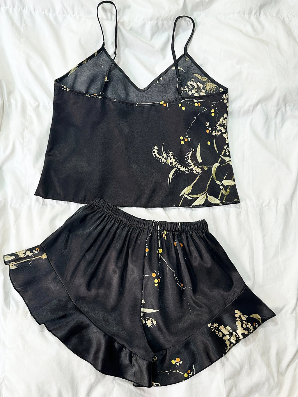 Damen-Pyjama-Set mit Vintage-Blumendruck, zweiteilig, Rüschen-Design, Loungewear, Homewear